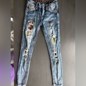 Rock Revival Blue Jeans with Colorful Distressed Details